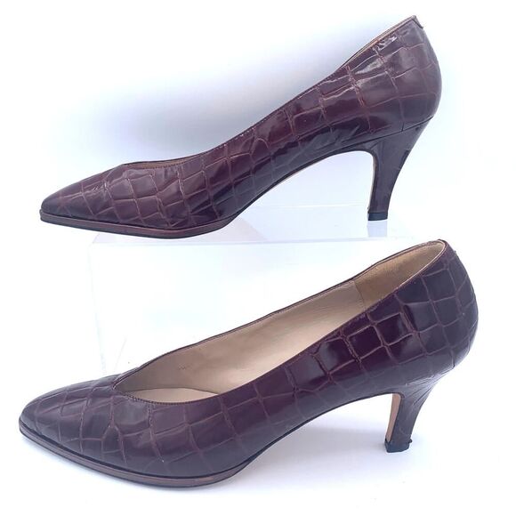 Classiques Nordstrom Italy Brown Croc Embossed Leather Pumps Size 10.5 Heels - Picture 5 of 9